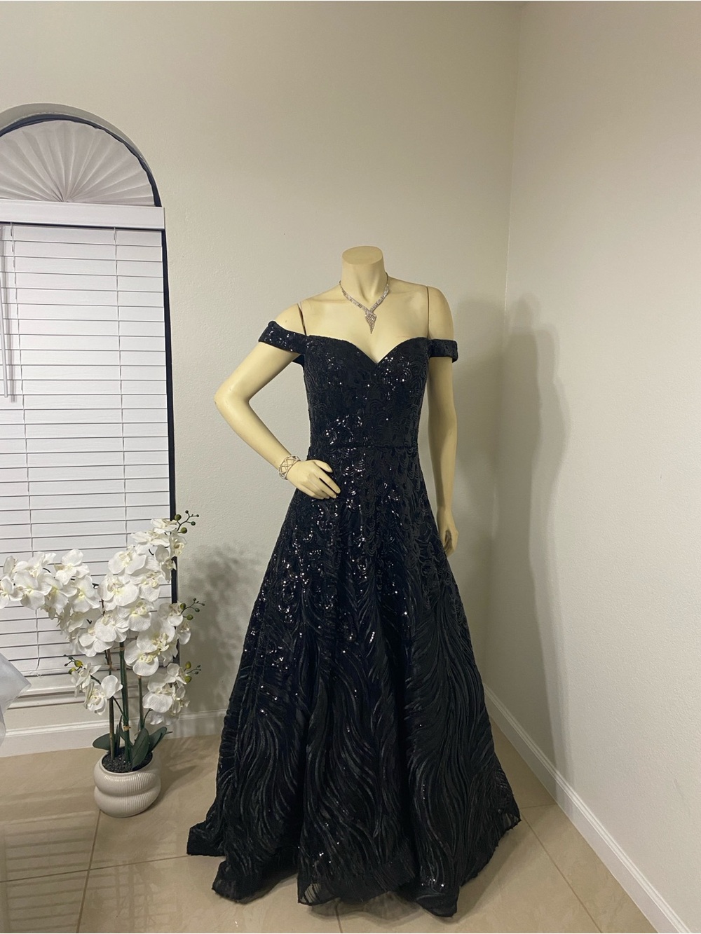 Off-Shoulder Black Sequin Prom Gown